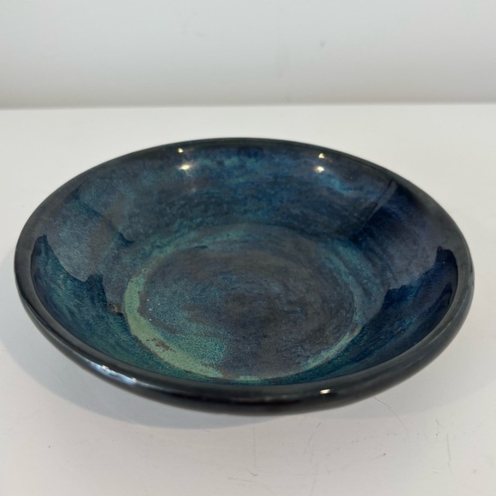 Studio Art Pottery Bowl Signed Dish Blue green Glaze Trinket Candy Nut Dip